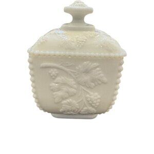 Vintage White Milk Glass Candy Dish W/Grape & Leaf Detail Square Lid